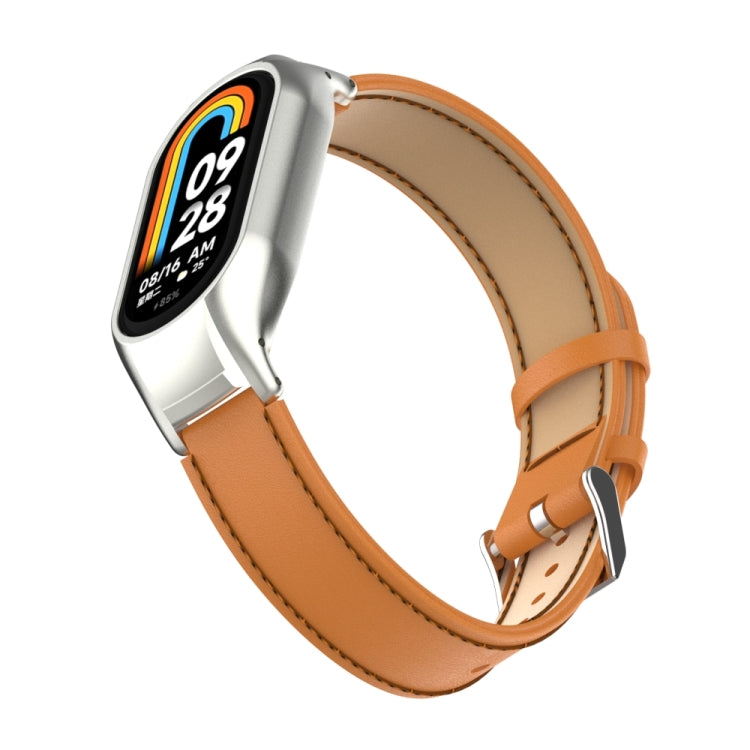 For Xiaomi Mi Band 8 Integrated Metal Case + Microfiber Sewing Leather Watch Band(Brown) - Smart Wear by PMC TechLife | Online Shopping South Africa | PMC TechLife