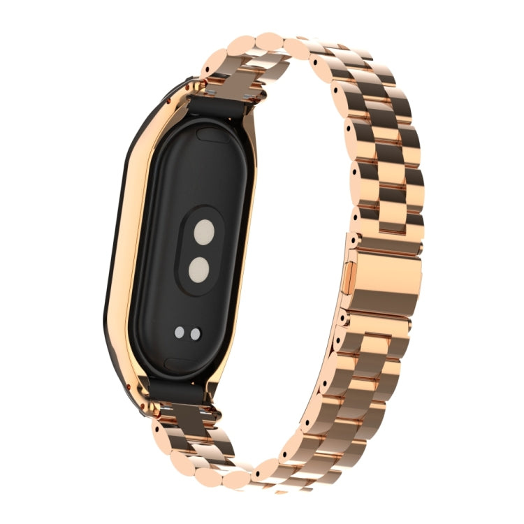 For Xiaomi Mi Band 8 Integrated Metal Case + Three-bead Watch Band(Rose Gold) - Smart Wear by PMC Jewellery | Online Shopping South Africa | PMC Jewellery