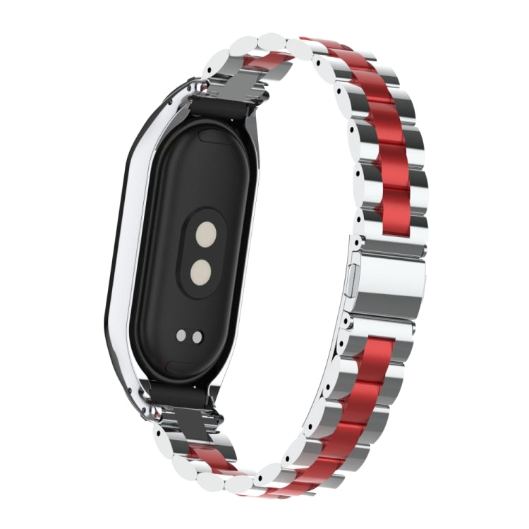 For Xiaomi Mi Band 8 Integrated Metal Case + Three-bead Watch Band(Silver+Red) - Smart Wear by PMC Jewellery | Online Shopping South Africa | PMC Jewellery