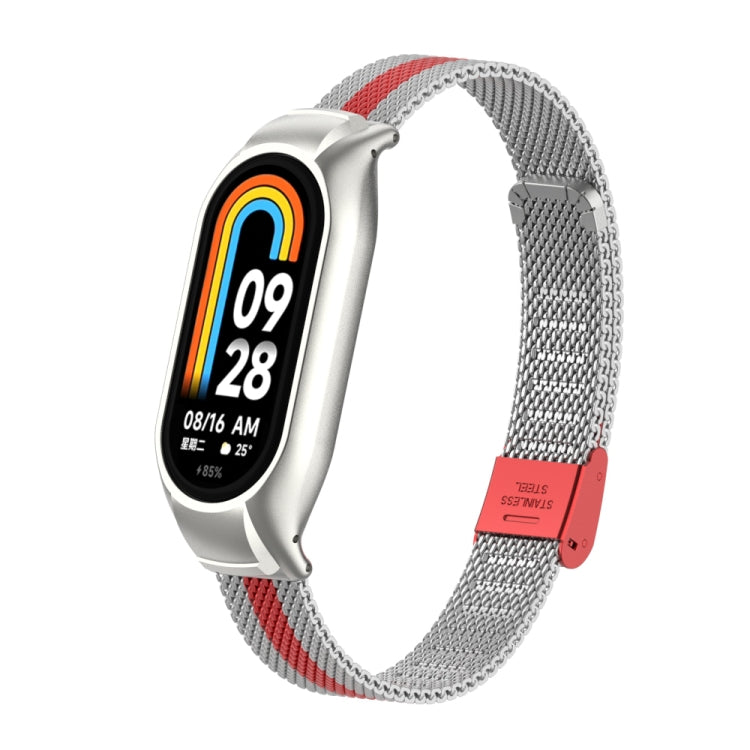 For Xiaomi Mi Band 8 Integrated Metal Case + Steel Mesh Buckle Watch Band(Silver+Red) - Smart Wear by PMC Jewellery | Online Shopping South Africa | PMC Jewellery
