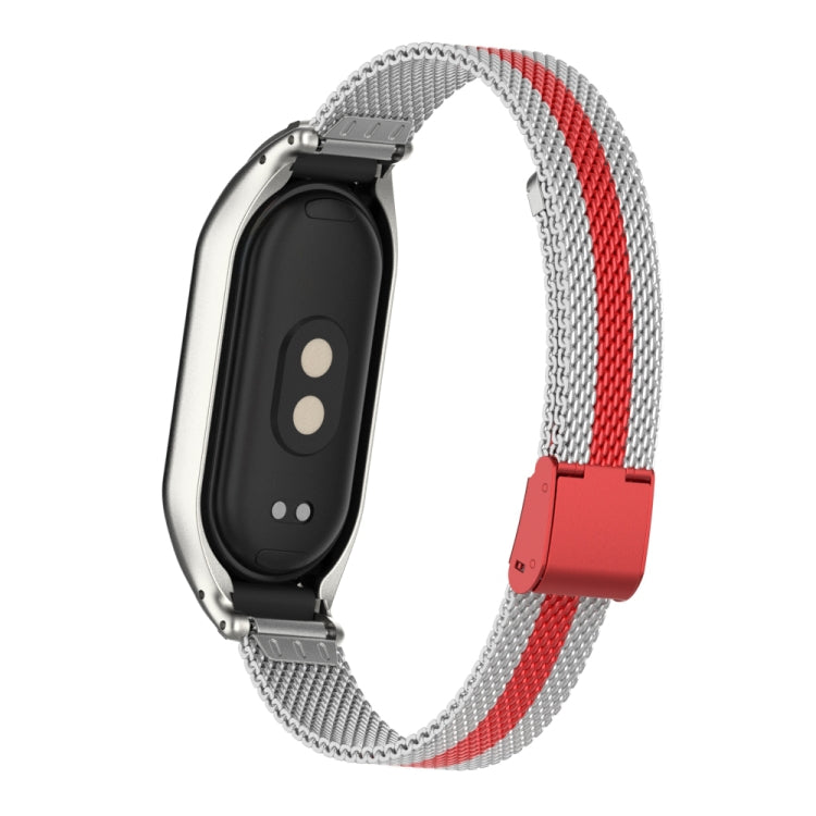 For Xiaomi Mi Band 8 Integrated Metal Case + Steel Mesh Buckle Watch Band(Silver+Red) - Smart Wear by PMC Jewellery | Online Shopping South Africa | PMC Jewellery