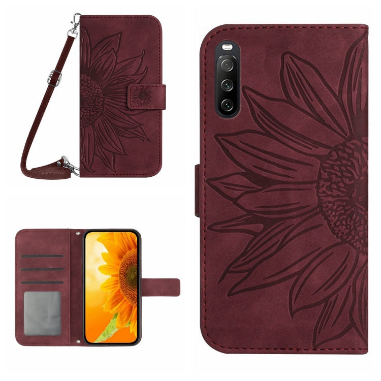 For Sony Xperia 10 V HT04 Skin Feel Sun Flower Embossed Flip Leather Phone Case with Lanyard(Wine Red) - Sony Cases by PMC Jewellery | Online Shopping South Africa | PMC Jewellery