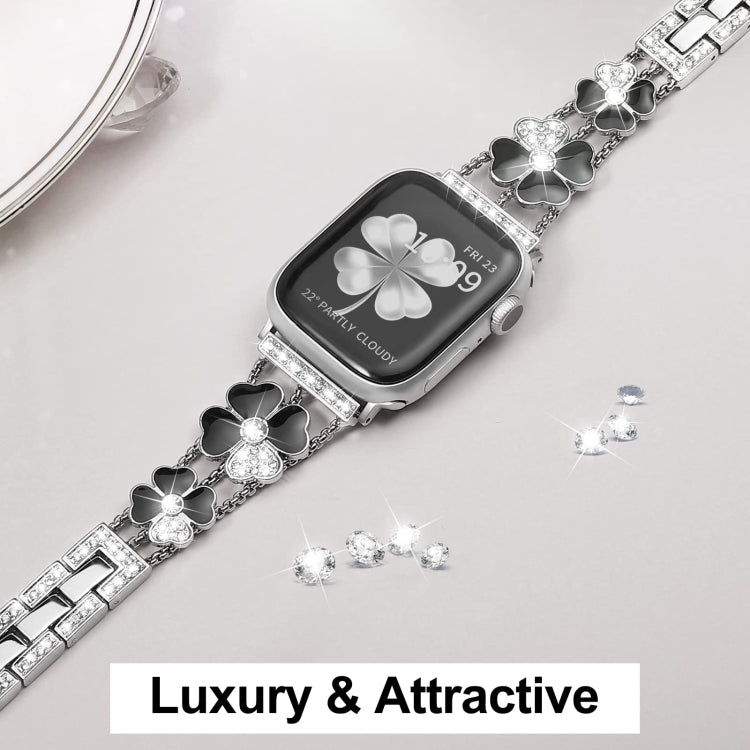 For Apple Watch 7 45mm Petal Metal Diamond Watch Band(Sliver+Black) -  by PMC Jewellery | Online Shopping South Africa | PMC Jewellery