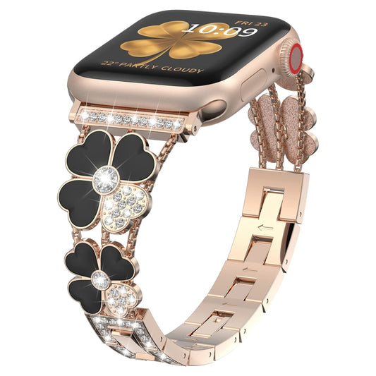 For Apple Watch 2 42 mm Petal Metal Diamond Watch Band(Rose Gold+Black) -  by PMC Jewellery | Online Shopping South Africa | PMC Jewellery