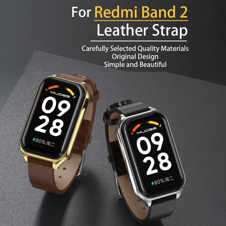 For Xiaomi Smart Band 8 Active / Redmi Band 2 Mijobs Metal Shell Genuine Leather Watch Band(Brown Gold) - Watch Bands by MIJOBS | Online Shopping South Africa | PMC TechLife | Buy Now Pay Later Mobicred