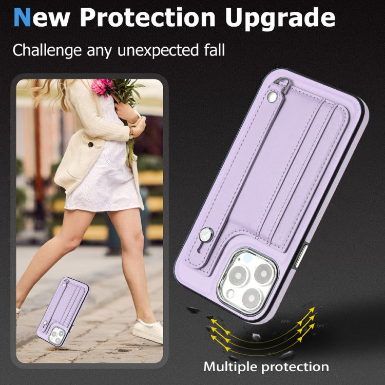 For iPhone 15 Pro Shockproof Leather Phone Case with Wrist Strap(Purple) - free shipping - PMC TechLife - Order now!