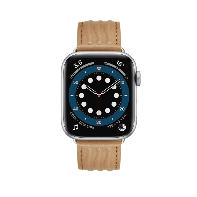 Embossed Line Genuine Leather Watch Band For Apple Watch 8 45mm(Khaki) - Watch Bands by PMC TechLife | Online Shopping South Africa | PMC TechLife