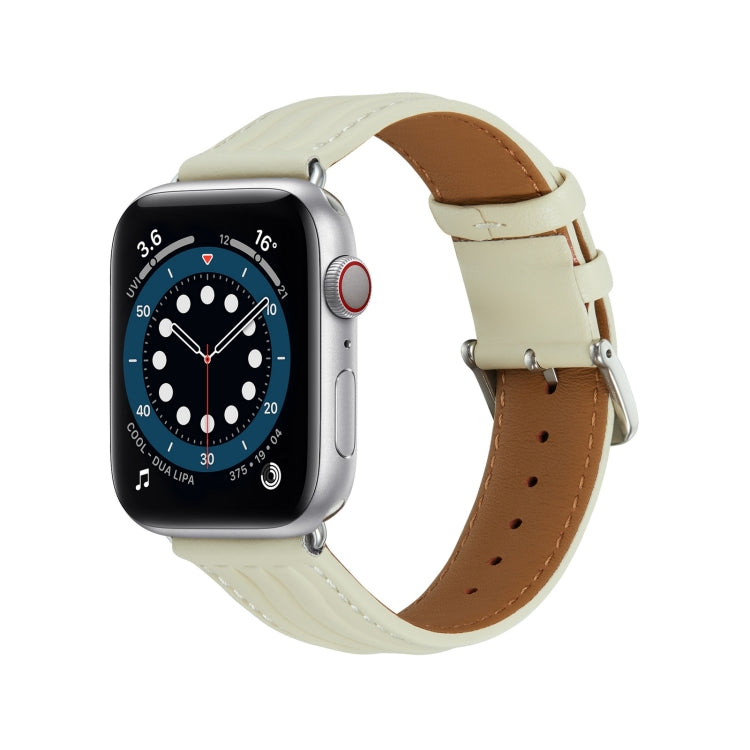 Embossed Line Genuine Leather Watch Band For Apple Watch 8 45mm(Milky White) - Watch Bands by PMC TechLife | Online Shopping South Africa | PMC TechLife
