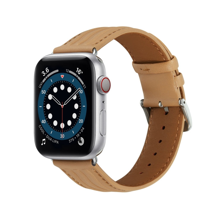 Embossed Line Genuine Leather Watch Band For Apple Watch 7 41mm(Khaki) - Watch Bands by PMC TechLife | Online Shopping South Africa | PMC TechLife