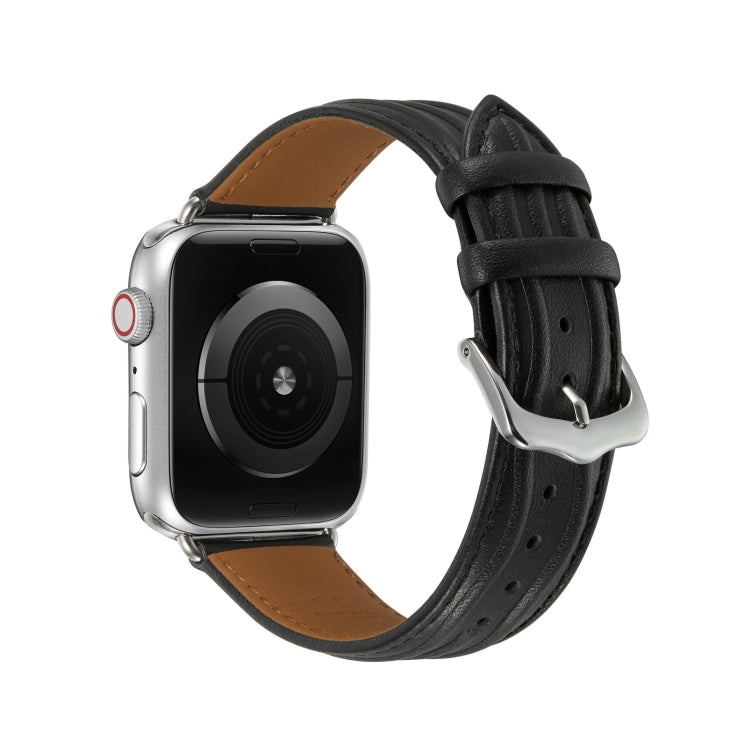 Embossed Line Genuine Leather Watch Band For Apple Watch 7 45mm(Black) - Watch Bands by PMC TechLife | Online Shopping South Africa | PMC TechLife