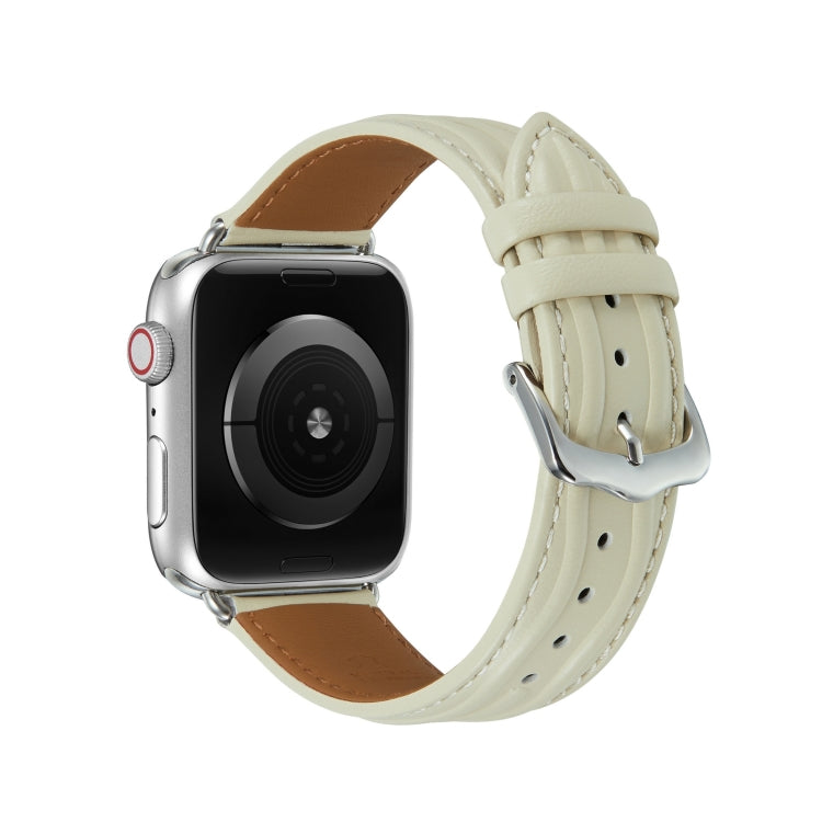 Embossed Line Genuine Leather Watch Band For Apple Watch 7 45mm(Milky White) - Watch Bands by PMC TechLife | Online Shopping South Africa | PMC TechLife