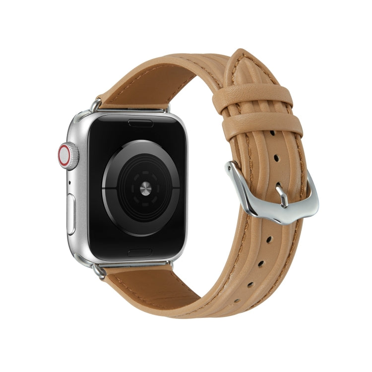 Embossed Line Genuine Leather Watch Band For Apple Watch SE 44mm(Khaki) - Watch Bands by PMC TechLife | Online Shopping South Africa | PMC TechLife