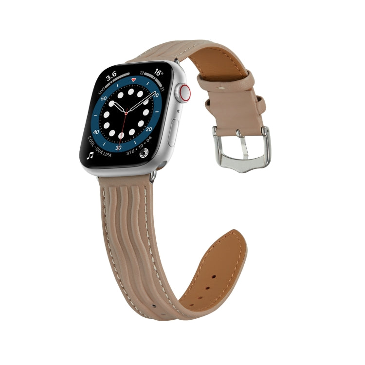 Embossed Line Genuine Leather Watch Band For Apple Watch SE 44mm(Milky Brown) - Watch Bands by PMC Jewellery | Online Shopping South Africa | PMC Jewellery