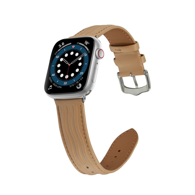 Embossed Line Genuine Leather Watch Band For Apple Watch 6 40mm(Khaki) - Watch Bands by PMC TechLife | Online Shopping South Africa | PMC TechLife