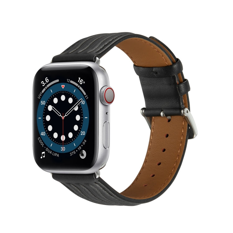 Embossed Line Genuine Leather Watch Band For Apple Watch 6 44mm(Black) - Watch Bands by PMC Jewellery | Online Shopping South Africa | PMC Jewellery