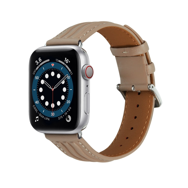 Embossed Line Genuine Leather Watch Band For Apple Watch 6 44mm(Milky Brown) - Watch Bands by PMC Jewellery | Online Shopping South Africa | PMC Jewellery