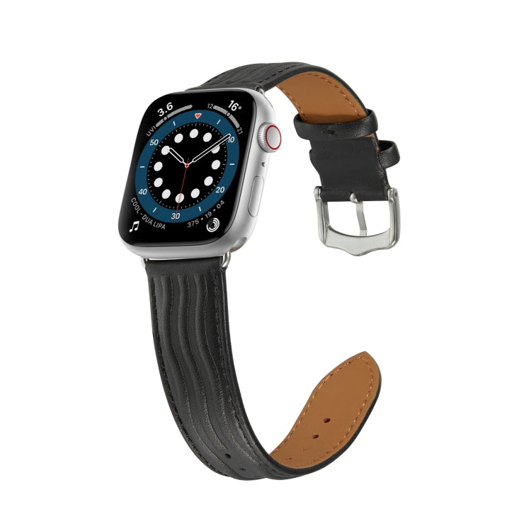 Embossed Line Genuine Leather Watch Band For Apple Watch 5 44mm(Black) - Watch Bands by PMC TechLife | Online Shopping South Africa | PMC TechLife