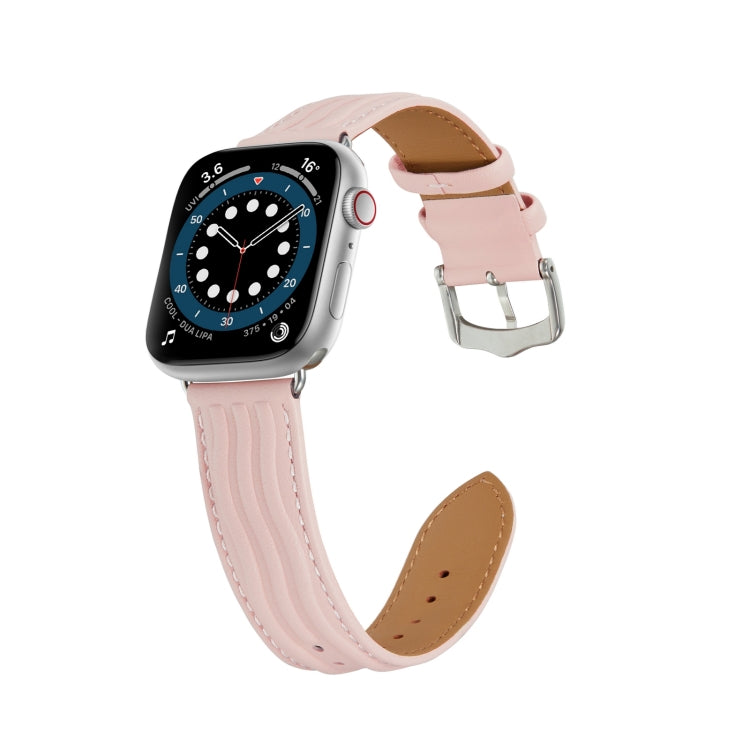 Embossed Line Genuine Leather Watch Band For Apple Watch 5 44mm(Pink) - Watch Bands by PMC Jewellery | Online Shopping South Africa | PMC Jewellery