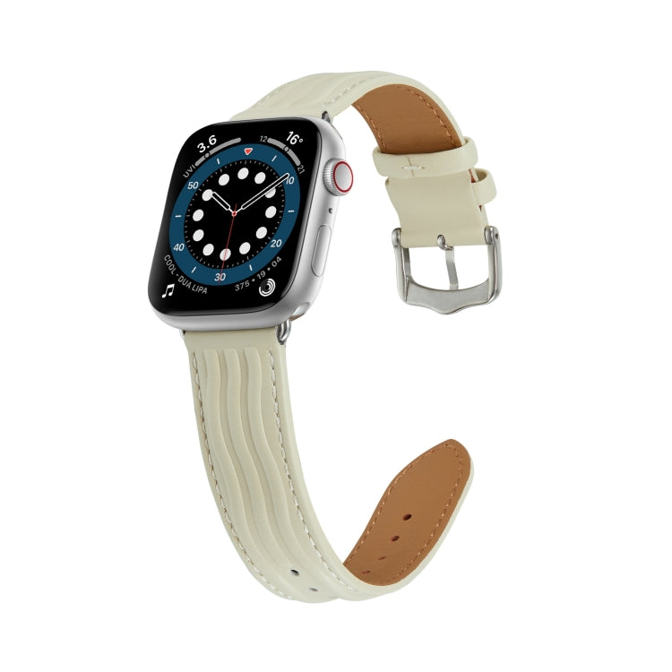 Embossed Line Genuine Leather Watch Band For Apple Watch 5 44mm(Milky White) - Watch Bands by PMC Jewellery | Online Shopping South Africa | PMC Jewellery