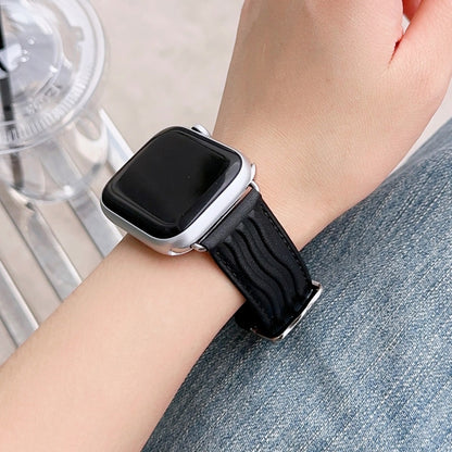 Embossed Line Genuine Leather Watch Band For Apple Watch 4 44mm(Black) - Watch Bands by PMC Jewellery | Online Shopping South Africa | PMC Jewellery