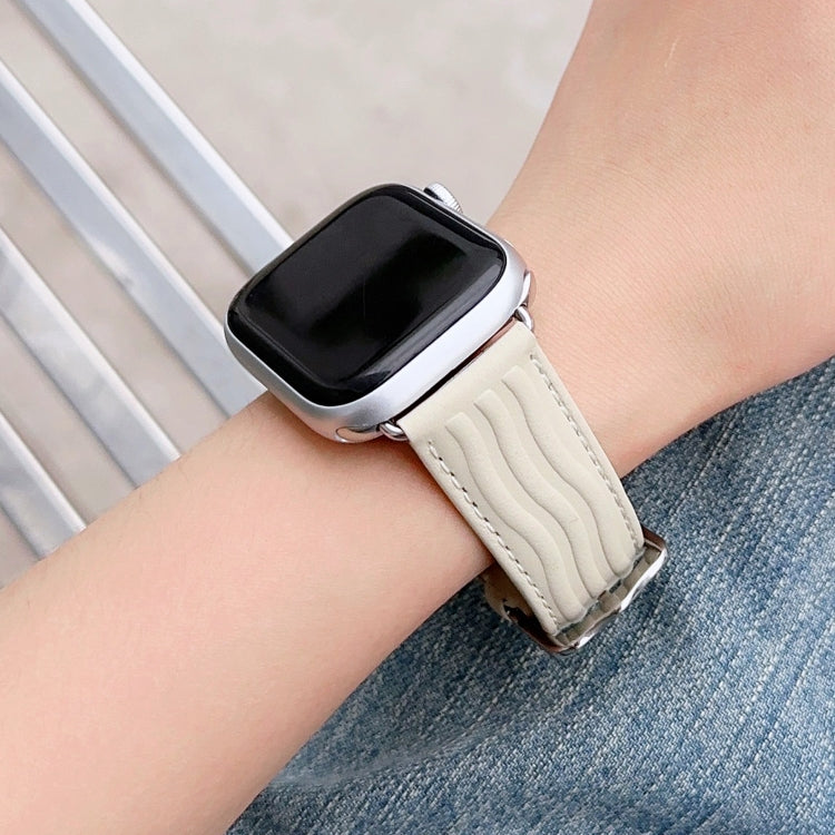 Embossed Line Genuine Leather Watch Band For Apple Watch 4 40mm(Milky White) - Watch Bands by PMC TechLife | Online Shopping South Africa | PMC TechLife