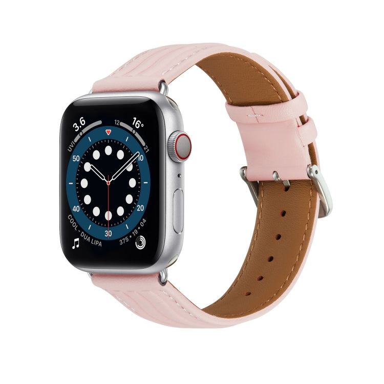 Embossed Line Genuine Leather Watch Band For Apple Watch 3 38mm(Pink) - Watch Bands by PMC TechLife | Online Shopping South Africa | PMC TechLife