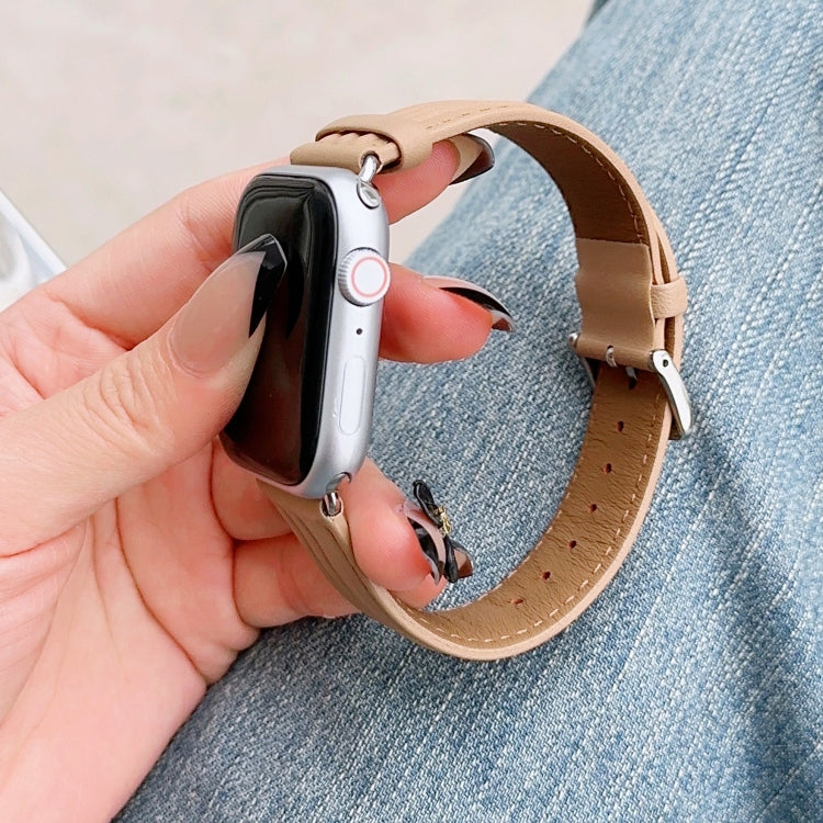 Embossed Line Genuine Leather Watch Band For Apple Watch 38mm(Khaki) - Watch Bands by PMC TechLife | Online Shopping South Africa | PMC TechLife