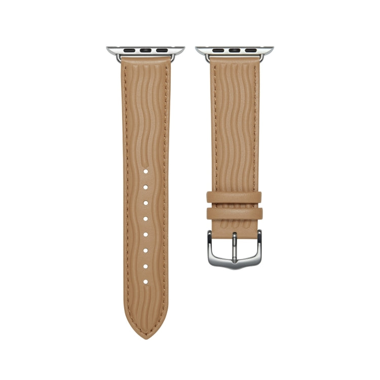 Embossed Line Genuine Leather Watch Band For Apple Watch 9 41mm(Khaki) - Watch Bands by PMC TechLife | Online Shopping South Africa | PMC TechLife