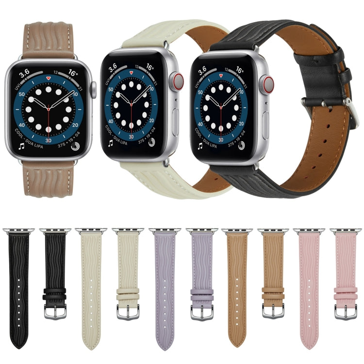 Embossed Line Genuine Leather Watch Band For Apple Watch 9 45mm(Black) - Watch Bands by PMC TechLife | Online Shopping South Africa | PMC TechLife
