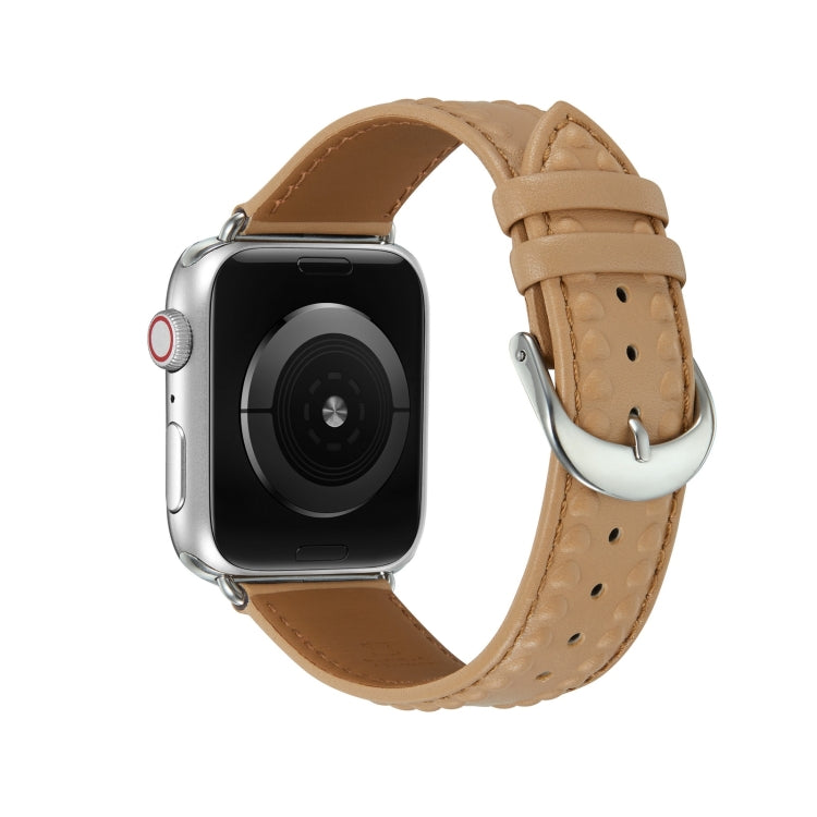 Embossed Love Genuine Leather Watch Band For Apple Watch 7 41mm(Khaki) - Watch Bands by PMC TechLife | Online Shopping South Africa | PMC TechLife