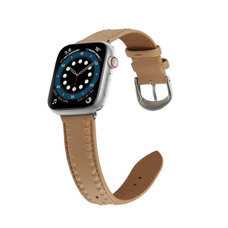 Embossed Love Genuine Leather Watch Band For Apple Watch 7 41mm(Khaki) - Watch Bands by PMC TechLife | Online Shopping South Africa | PMC TechLife
