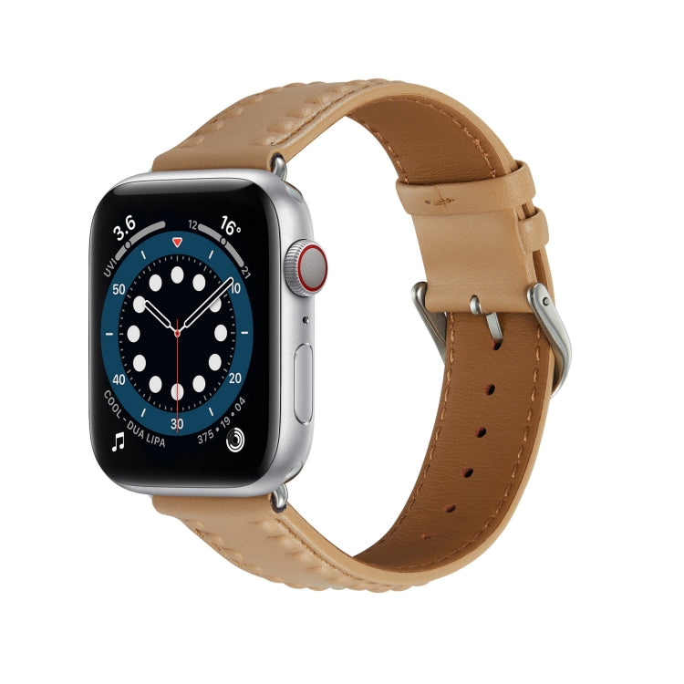 Embossed Love Genuine Leather Watch Band For Apple Watch 42mm(Khaki) - Watch Bands by PMC TechLife | Online Shopping South Africa | PMC TechLife