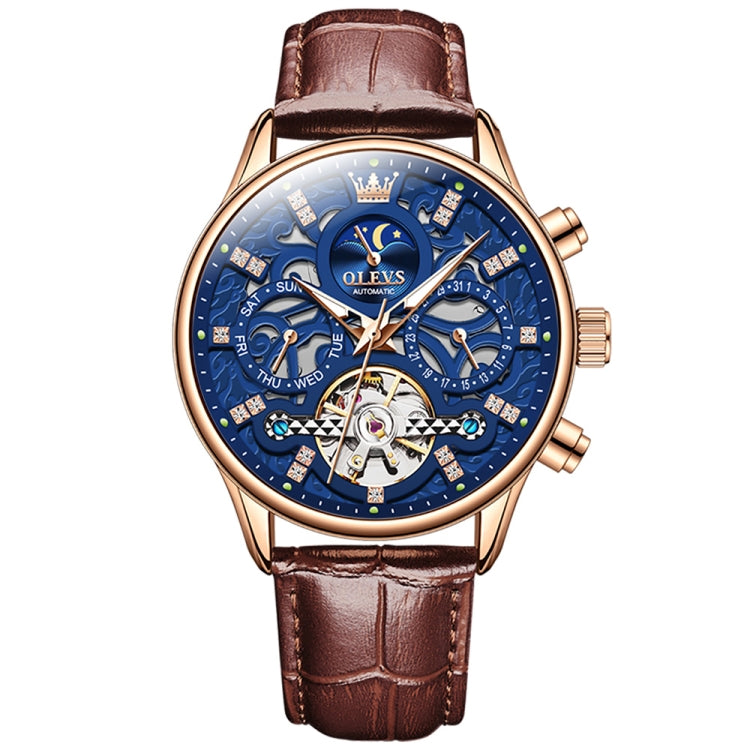 OLEVS 6658 Men Luminous Waterproof Leather Strap Mechanical Watch(Blue + Rose Gold) - Leather Strap Watches by OLEVS | Online Shopping South Africa | PMC Jewellery