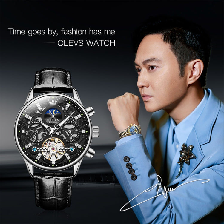 OLEVS 6658 Men Luminous Waterproof Leather Strap Mechanical Watch(Black) - Leather Strap Watches by OLEVS | Online Shopping South Africa | PMC Jewellery