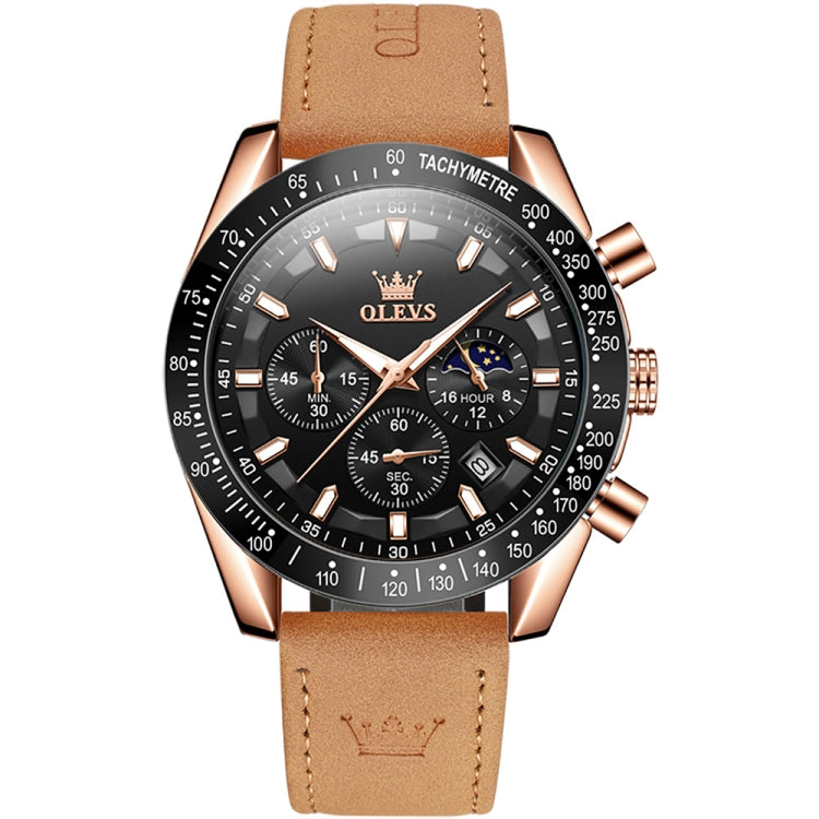 OLEVS 9957 Men Luminous Waterproof Leather Strap Quartz Watch(Black + Rose Gold) - Leather Strap Watches by OLEVS | Online Shopping South Africa | PMC Jewellery