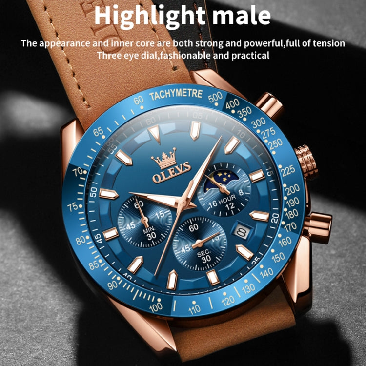 OLEVS 9957 Men Luminous Waterproof Leather Strap Quartz Watch(Coffee + Rose Gold) - Leather Strap Watches by OLEVS | Online Shopping South Africa | PMC Jewellery