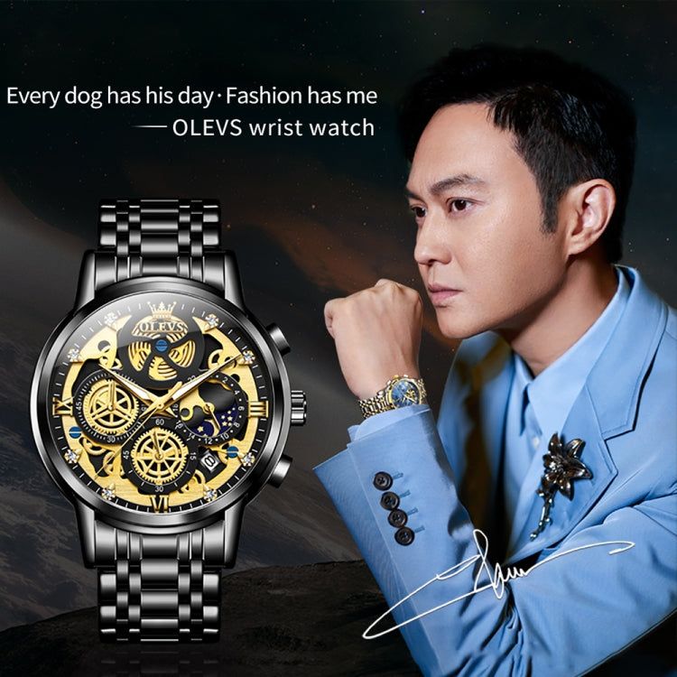 OLEVS 9947 Men Multifunctional Hollow Waterproof Quartz Watch(Black) - Metal Strap Watches by OLEVS | Online Shopping South Africa | PMC Jewellery | Buy Now Pay Later Mobicred