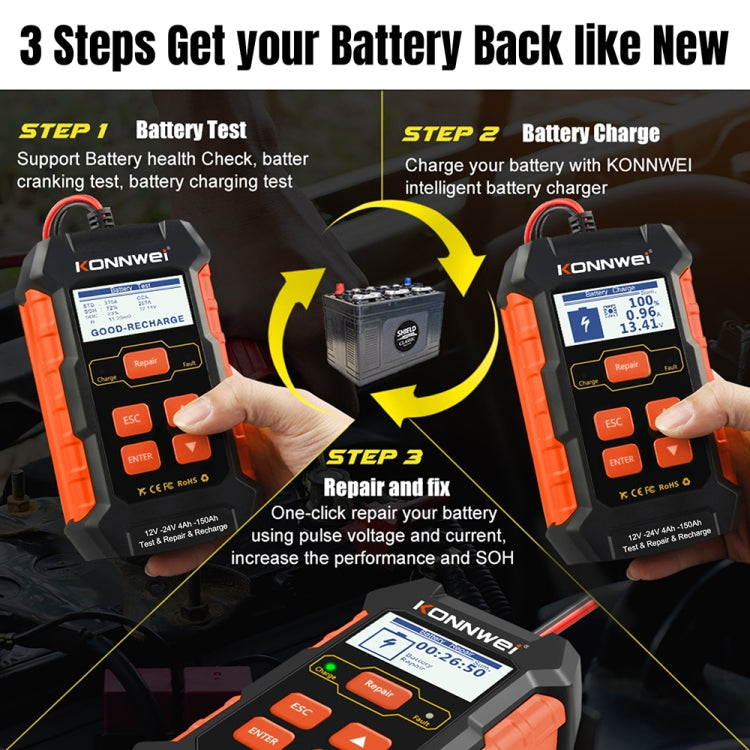 KONNWEI KW520 12V / 24V 3 in 1 Car Battery Tester with Detection & Repair & Charging Function(EU Plug) - Code Readers & Scan Tools by KONNWEI | Online Shopping South Africa | PMC Jewellery