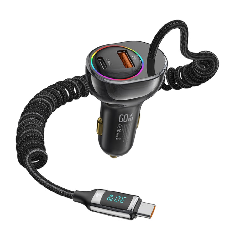 USAMS US-CC192 C37 60W Type-C+USB Dual Port Car Charger with Digital Display 30W Type-C Spring Data Cable(Tarnish) - Car Charger by USAMS | Online Shopping South Africa | PMC Jewellery