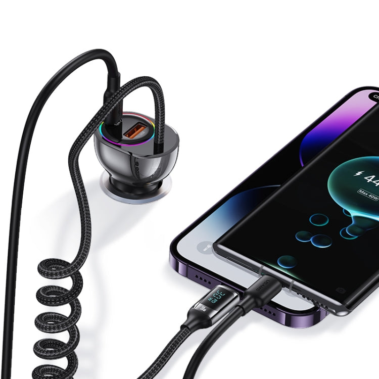 USAMS US-CC193 C37 60W Type-C+USB Dual Port Car Charger with Digital Display 30W 8 Pin Spring Data Cable(Tarnish) - Car Charger by USAMS | Online Shopping South Africa | PMC Jewellery