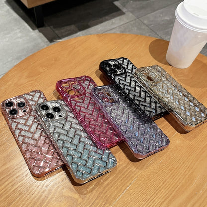 For iPhone 14 Pro Woven Grid 3D Electroplating Laser Engraving Glitter Paper Phone Case(Silver) - iPhone 14 Pro Cases by PMC Jewellery | Online Shopping South Africa | PMC Jewellery