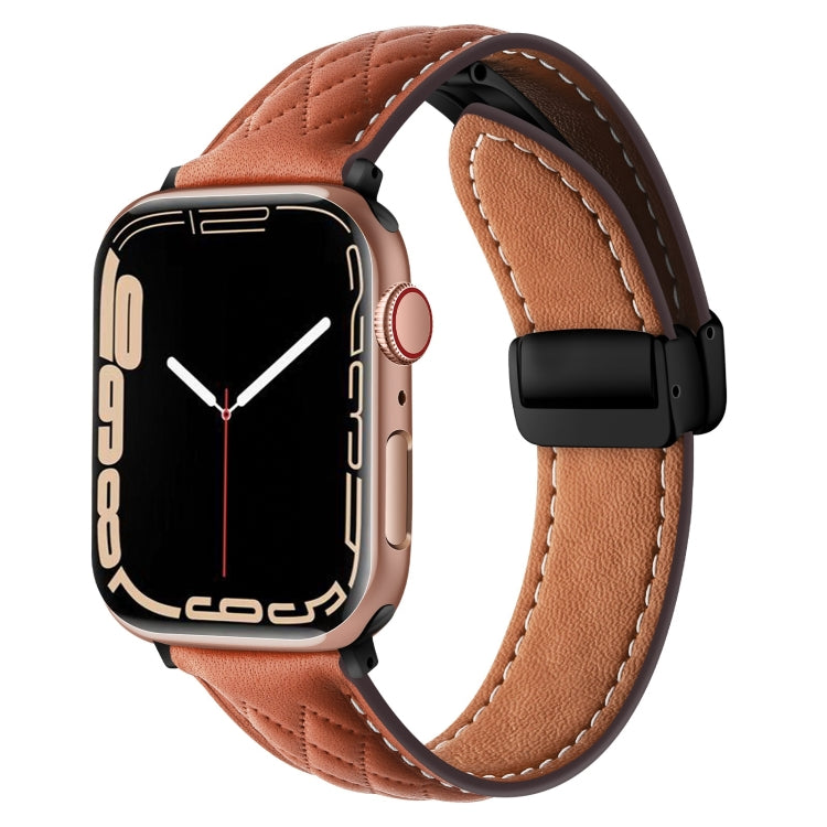 For Apple Watch 8 41mm Folding Buckle Rhombus Leather Watch Band(Brown) - Watch Bands by PMC Jewellery | Online Shopping South Africa | PMC Jewellery