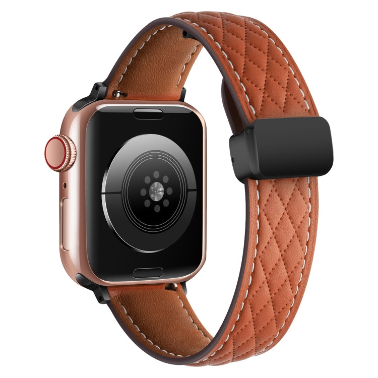 For Apple Watch 8 41mm Folding Buckle Rhombus Leather Watch Band(Brown) - Watch Bands by PMC Jewellery | Online Shopping South Africa | PMC Jewellery