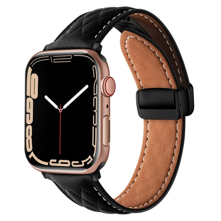 For Apple Watch 7 41mm Folding Buckle Rhombus Leather Watch Band(Black) - Watch Bands by PMC TechLife | Online Shopping South Africa | PMC TechLife