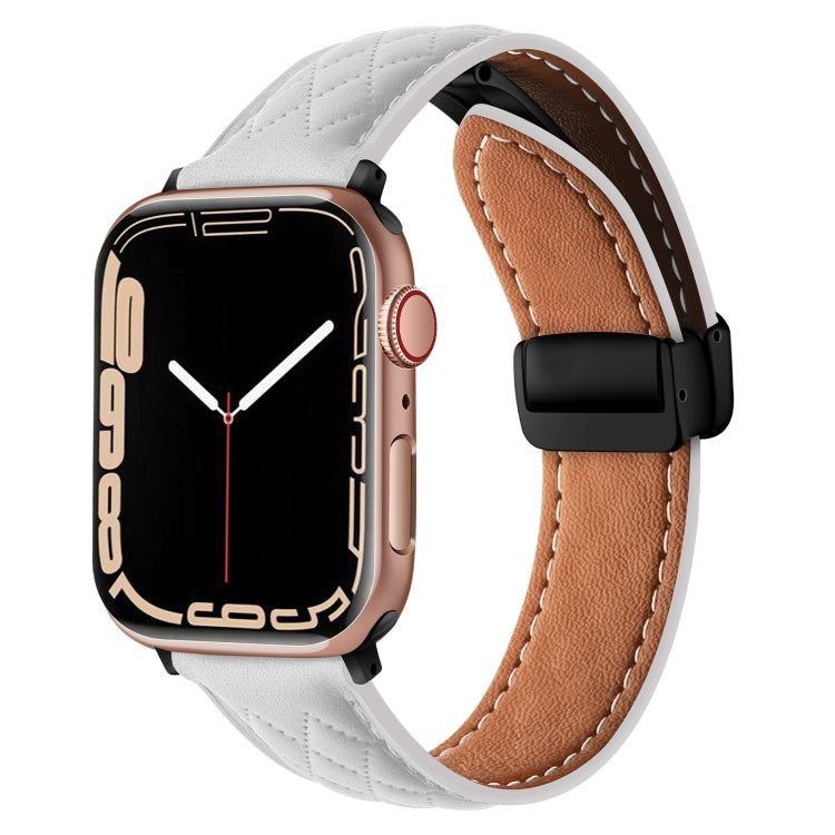 For Apple Watch 7 41mm Folding Buckle Rhombus Leather Watch Band(White) - Watch Bands by PMC TechLife | Online Shopping South Africa | PMC TechLife