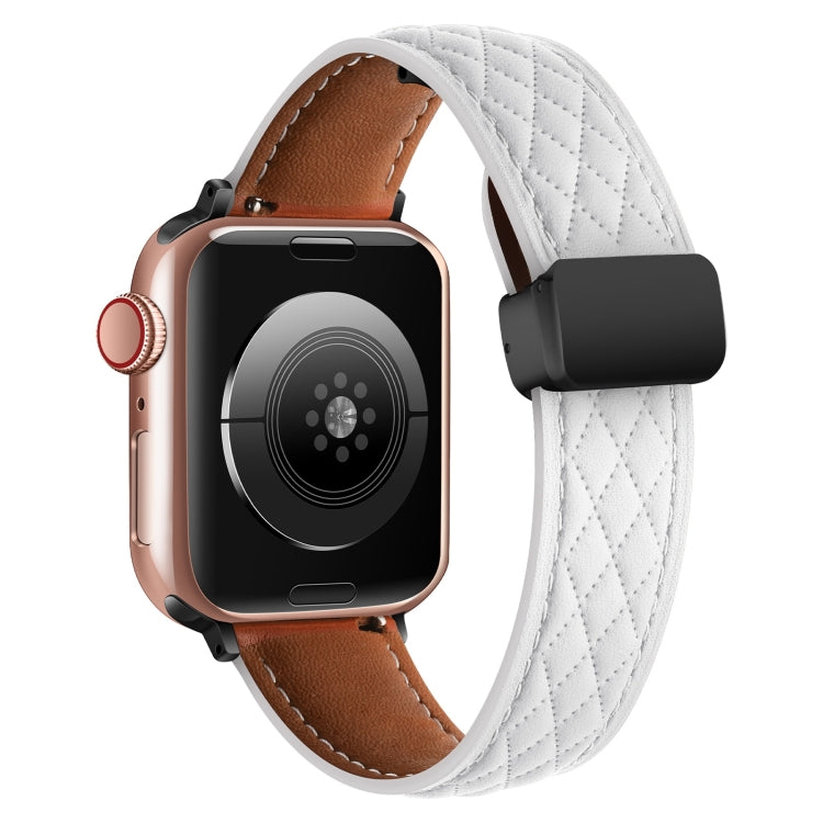 For Apple Watch 6 44mm Folding Buckle Rhombus Leather Watch Band(White) - Watch Bands by PMC TechLife | Online Shopping South Africa | PMC TechLife