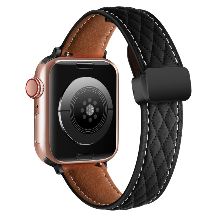 For Apple Watch 4 40mm Folding Buckle Rhombus Leather Watch Band(Black) - Watch Bands by PMC TechLife | Online Shopping South Africa | PMC TechLife