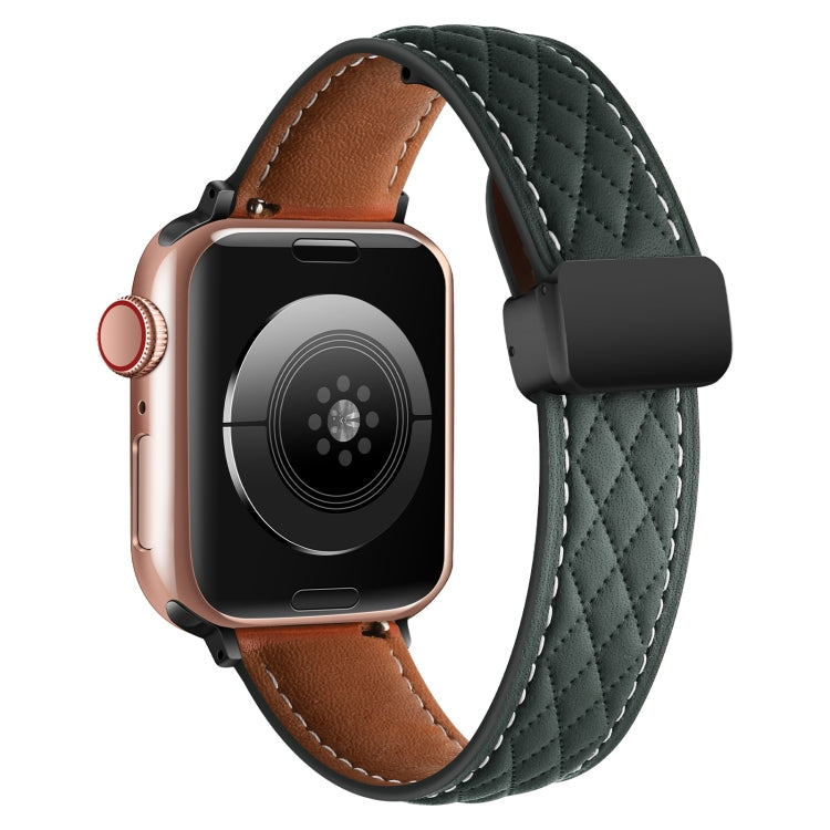 For Apple Watch 42mm Folding Buckle Rhombus Leather Watch Band(Green) - Watch Bands by PMC TechLife | Online Shopping South Africa | PMC TechLife
