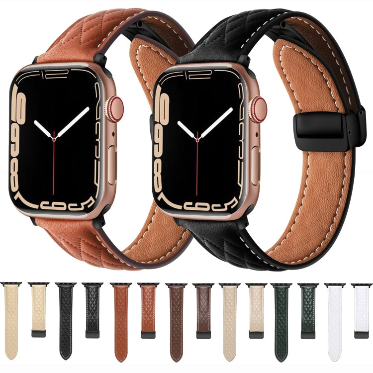 For Apple Watch 8 41mm Folding Buckle Rhombus Leather Watch Band(Brown) - Watch Bands by PMC Jewellery | Online Shopping South Africa | PMC Jewellery