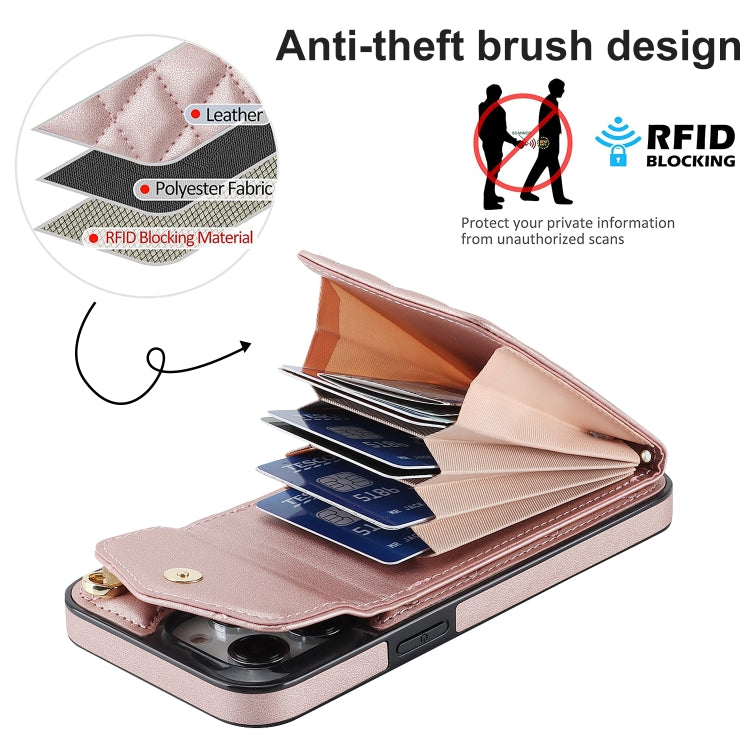 For iPhone 13 Pro Max Rhombic Texture Card Bag Phone Case with Long Lanyard(Rose Gold) - free shipping - PMC TechLife - Order now!